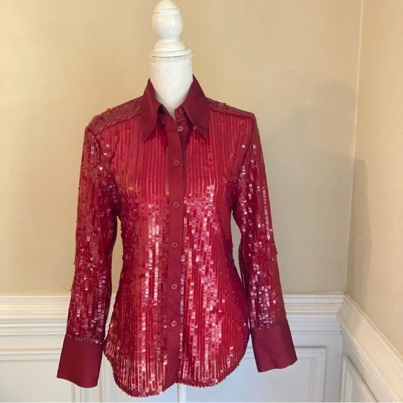 ZARA Red Sequin Long Sleeve Button Down Shirt NWT - Picture 10 of 14